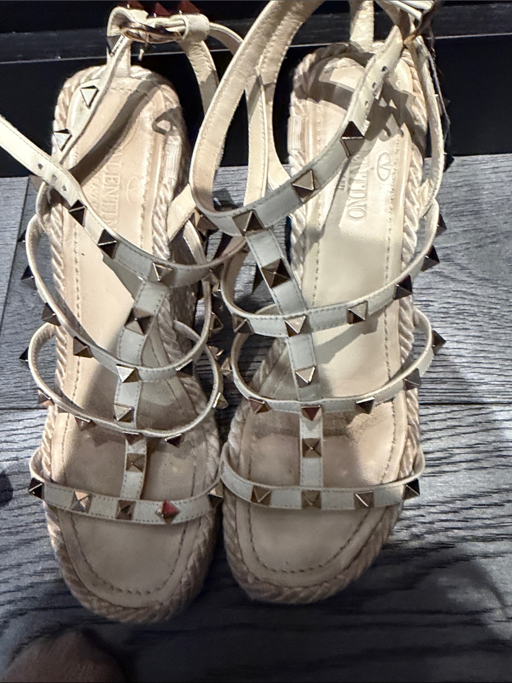 Valentino Ivory Studded Espadrille Wedge Sandals